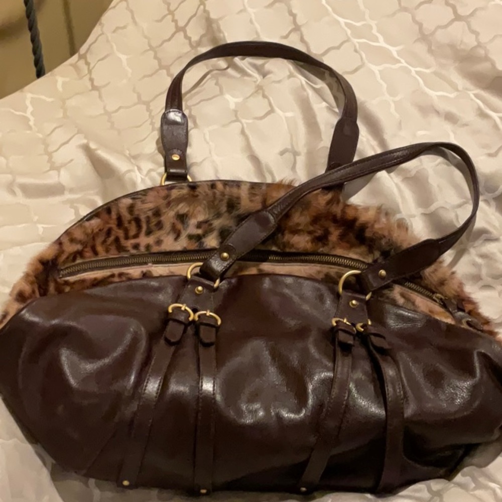 Genuine Leather & Fur Large Handbag Leopard print real fur One-of-a-Kind Satchel